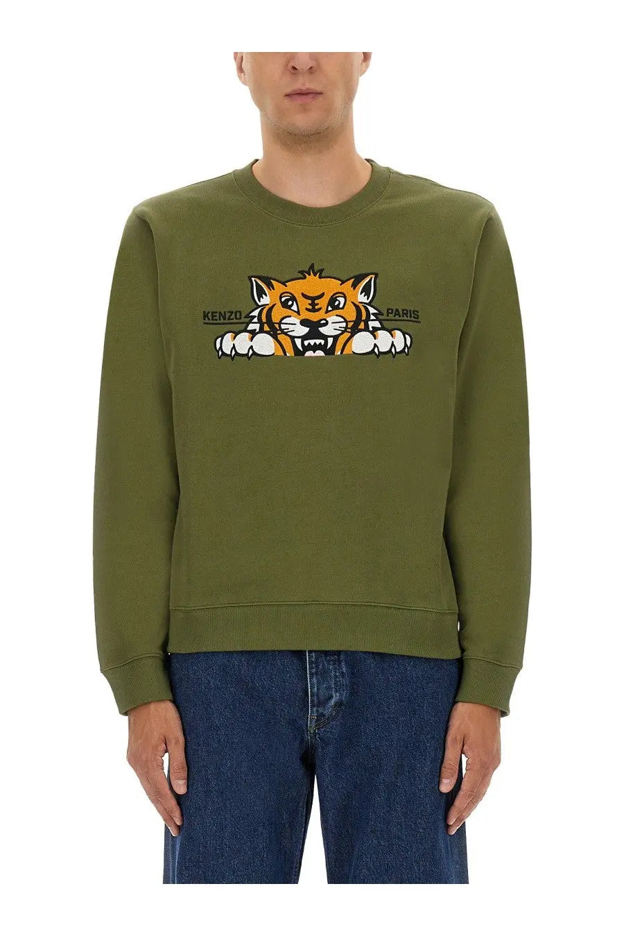 Kenzo men’s slim fit sweatshirt green featuring an olive green tiger graphic on the front
