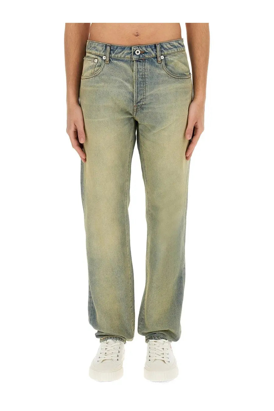 Kenzo men’s slim bara jeans in varsity blue light-wash denim with relaxed fit and classic five-pocket design