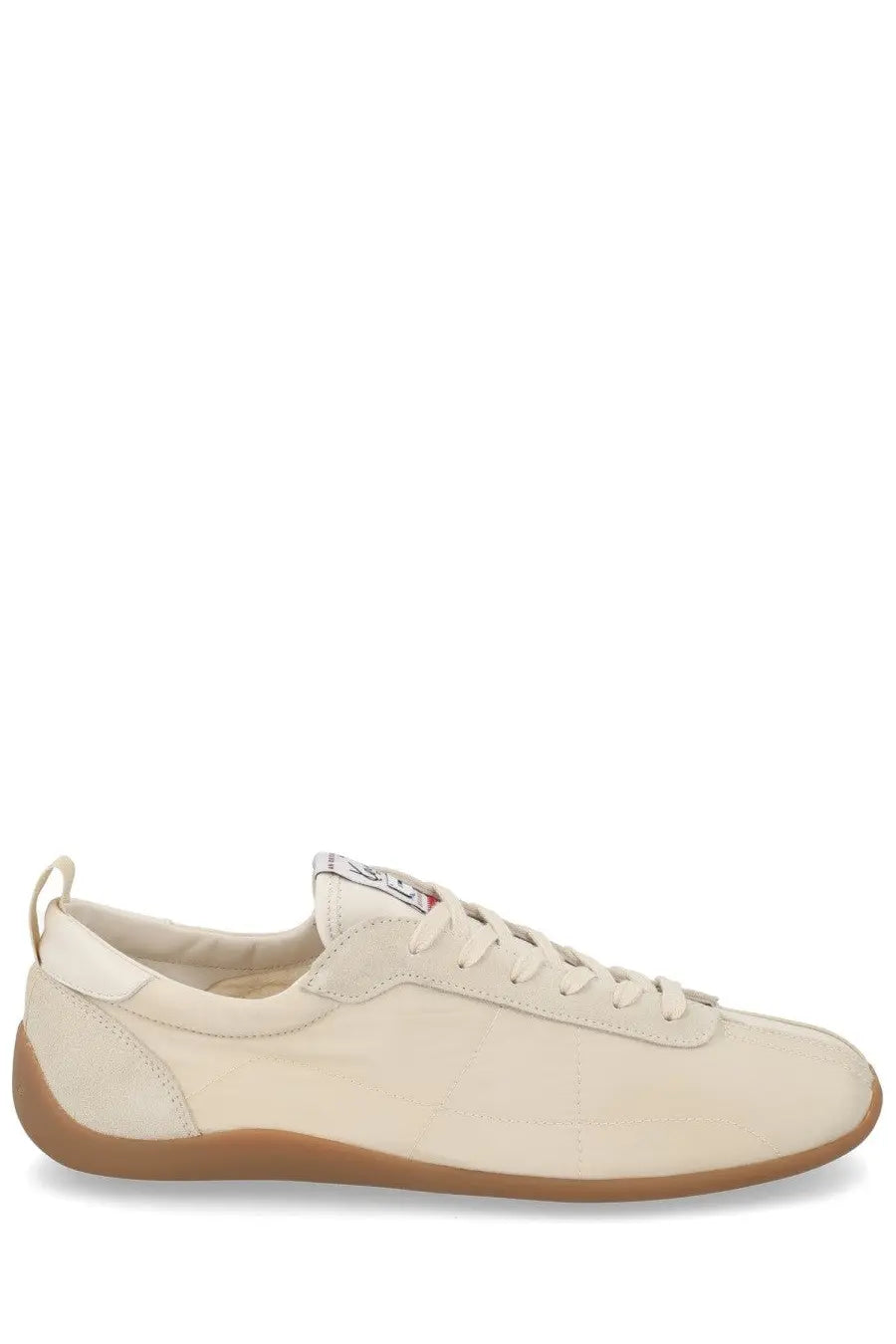 Kenzo men’s striker sneaker in cream-colored suede with tan rubber sole and white laces