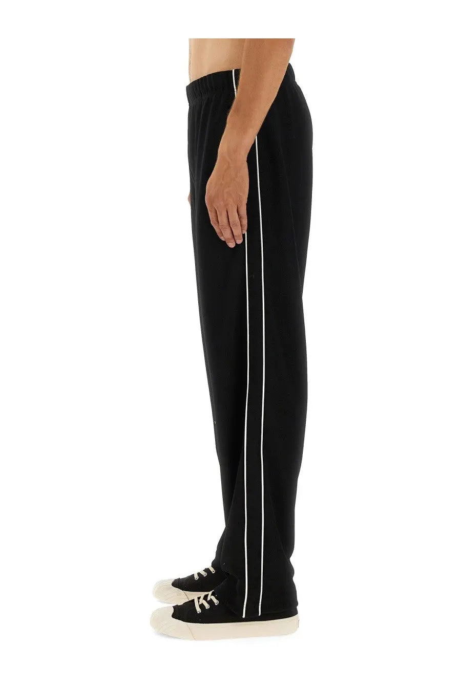 Kenzo men’s black track pants with white vertical stripes down the sides for athletic wear