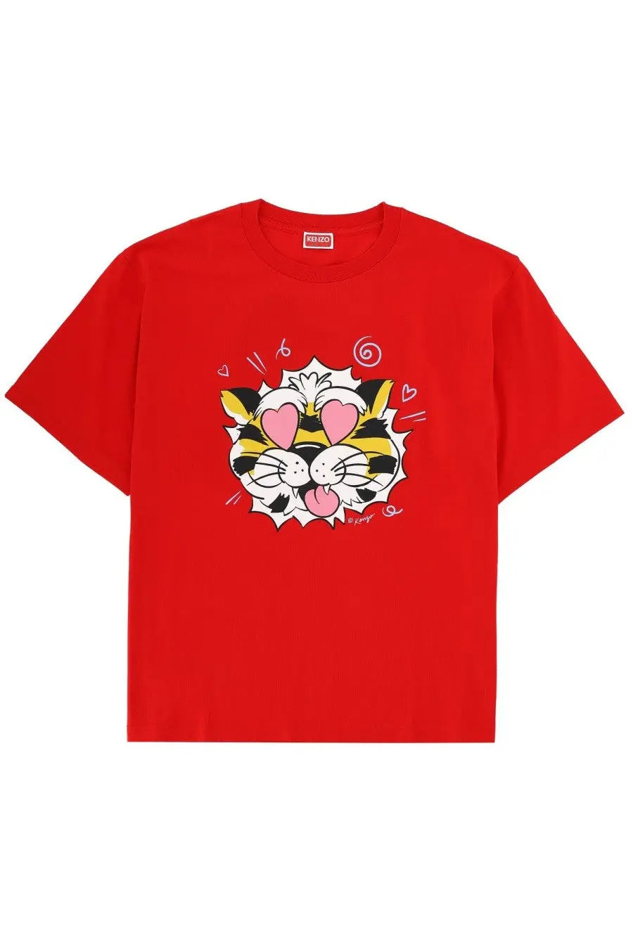 Kenzo men’s red cotton t shirt featuring a playful cartoon tiger with pink hearts and black and yellow stripes
