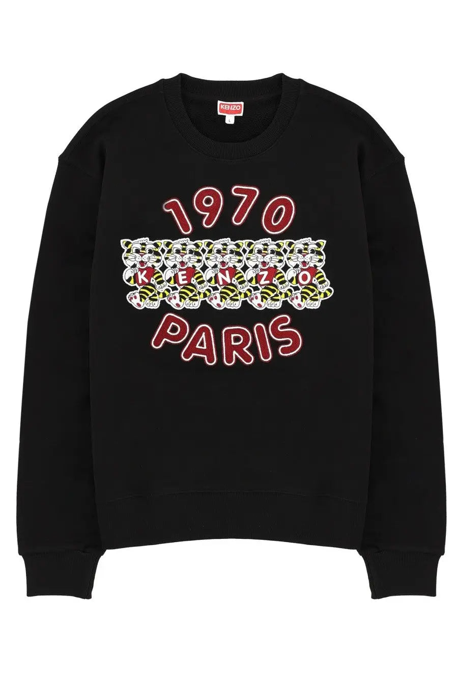 Kenzo men’s black sweatshirt with bold red 1970 paris text and embroidered wild tiger faces across the front
