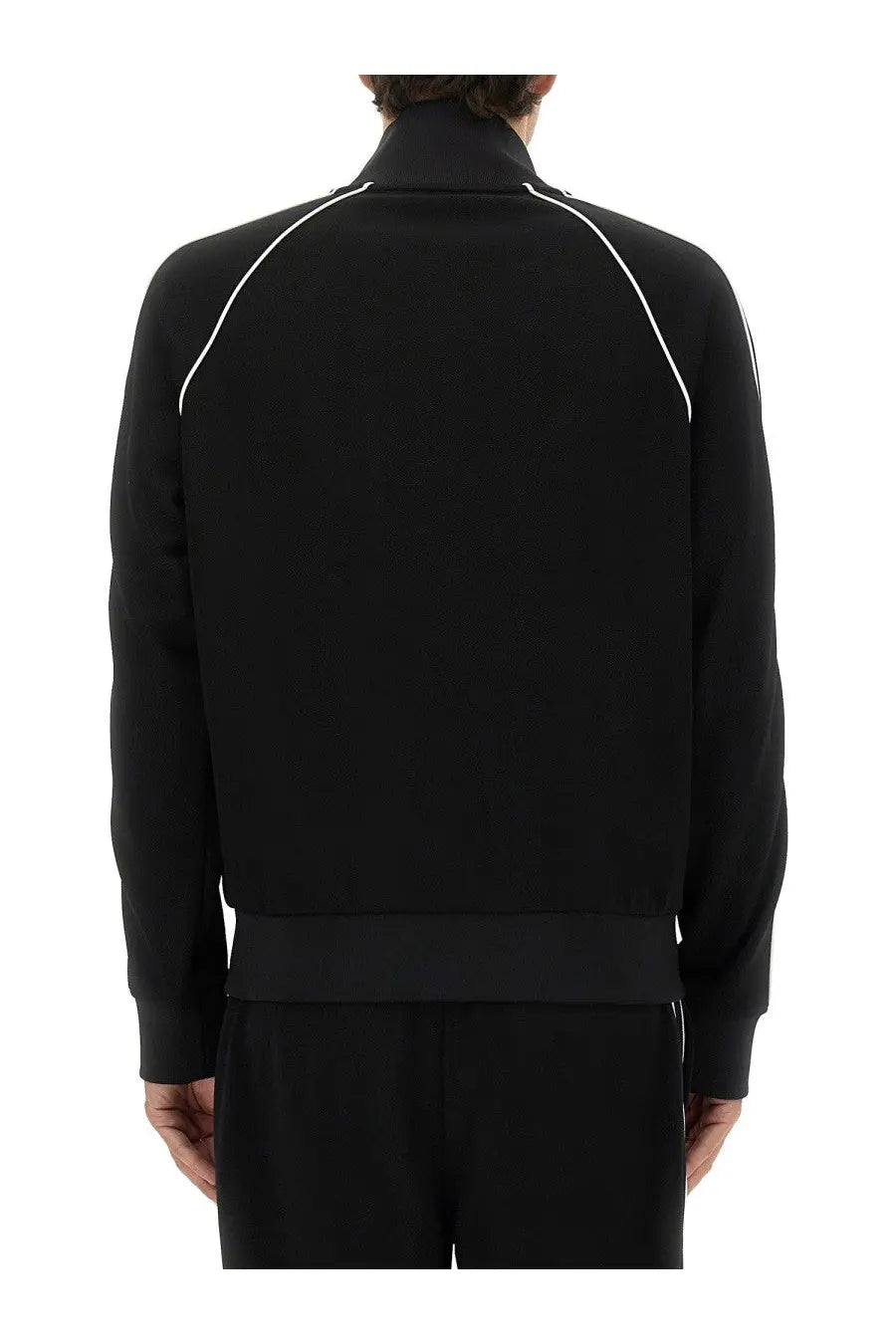 Kenzo men’s black zippered track sweatshirt with white contrast stitching along shoulders and sleeves
