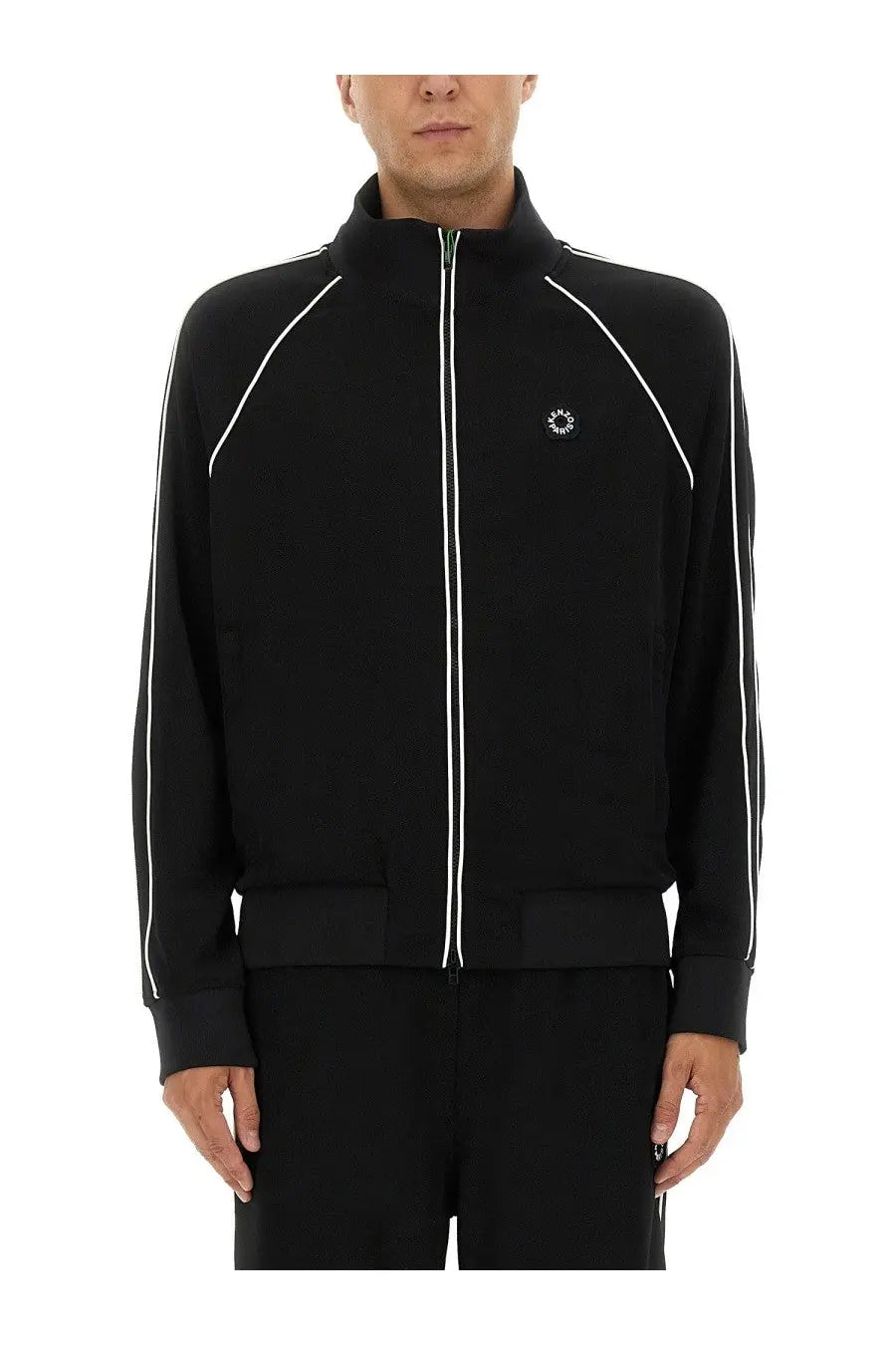 Kenzo men’s black zip-up track sweatshirt with white piping and small embroidered logo on left chest