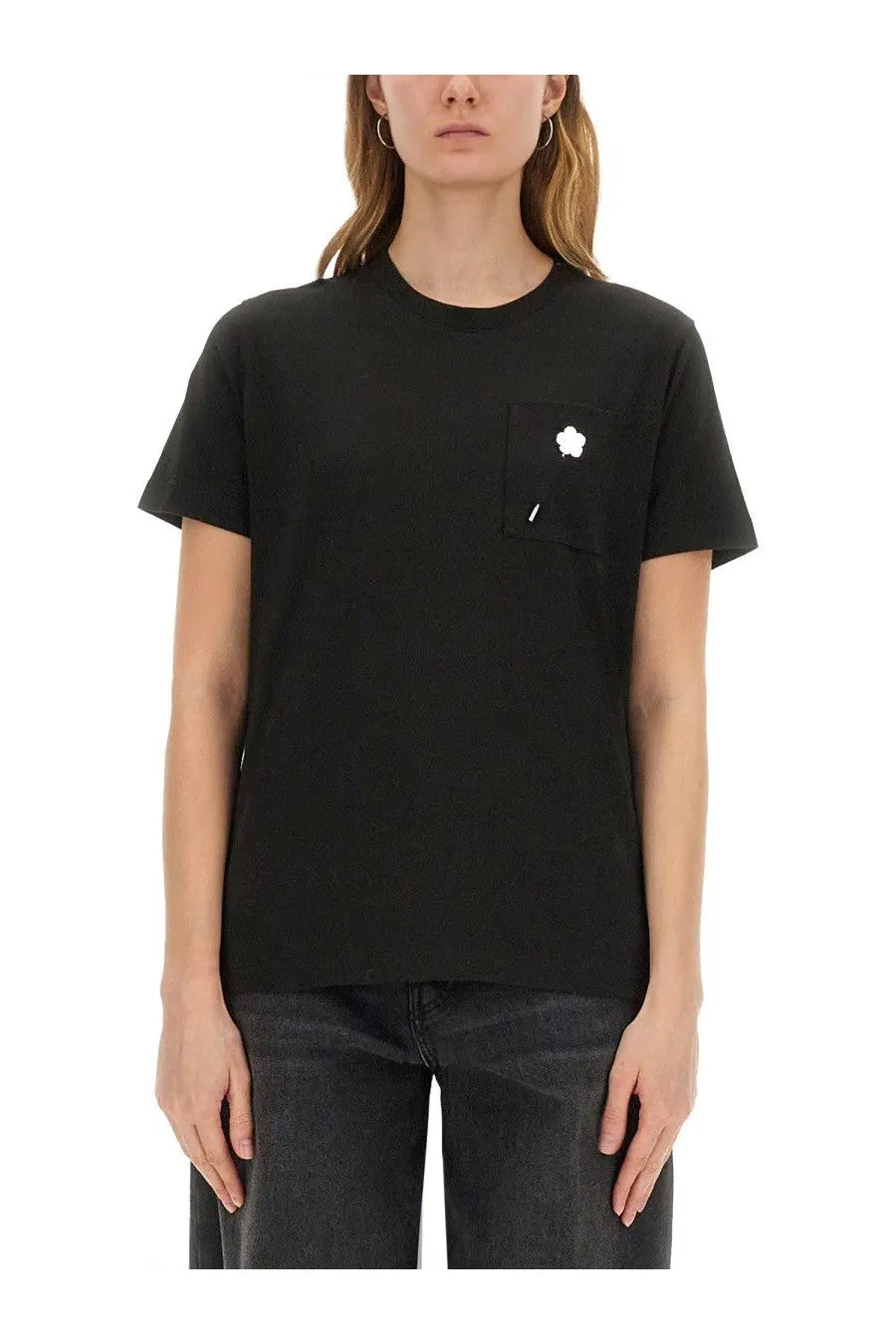 Kenzo women’s black short-sleeved t-shirt with white embroidered flower on left chest pocket