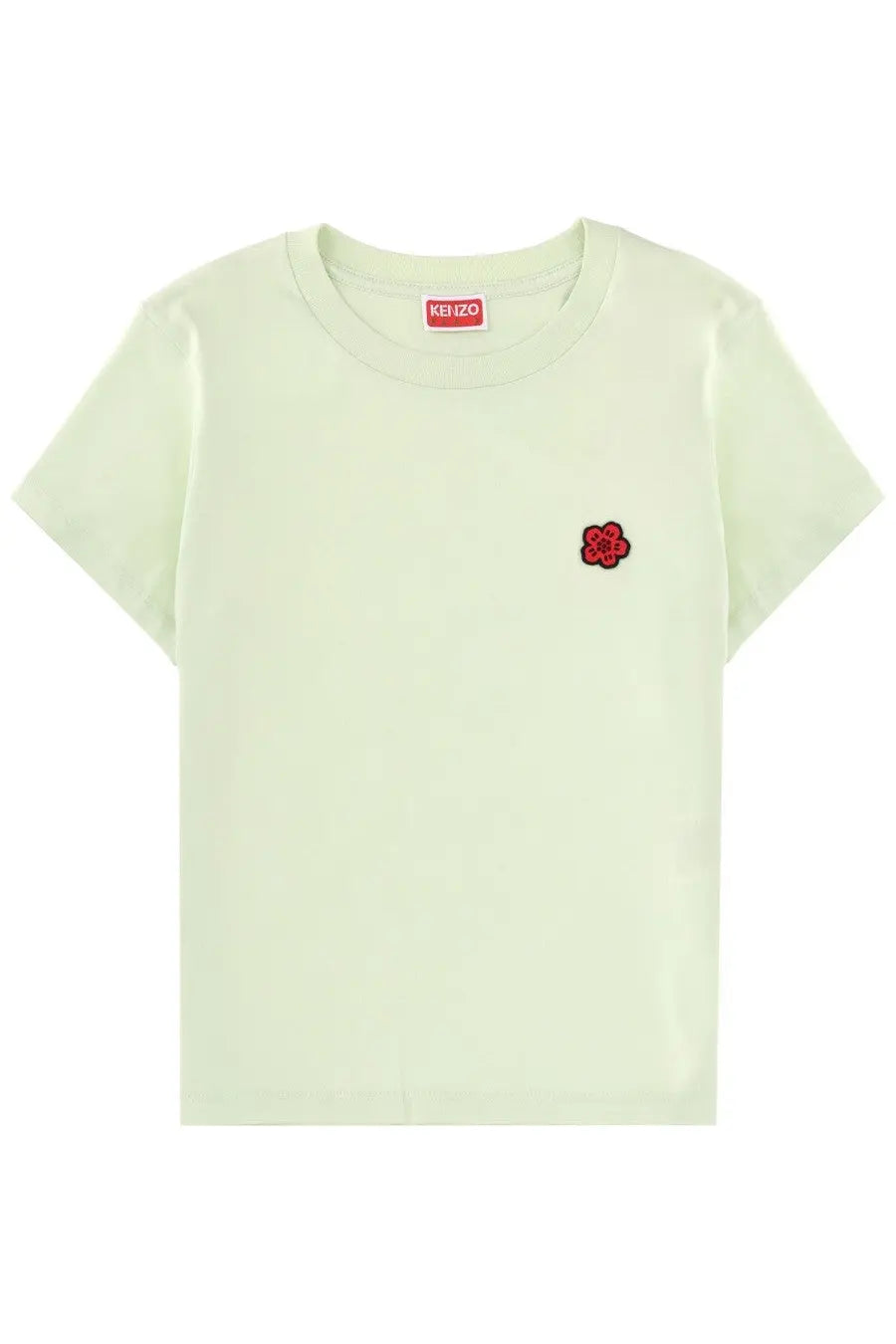 Kenzo women’s green short sleeved t shirt with small red embroidered flower and red kenzo label at neckline