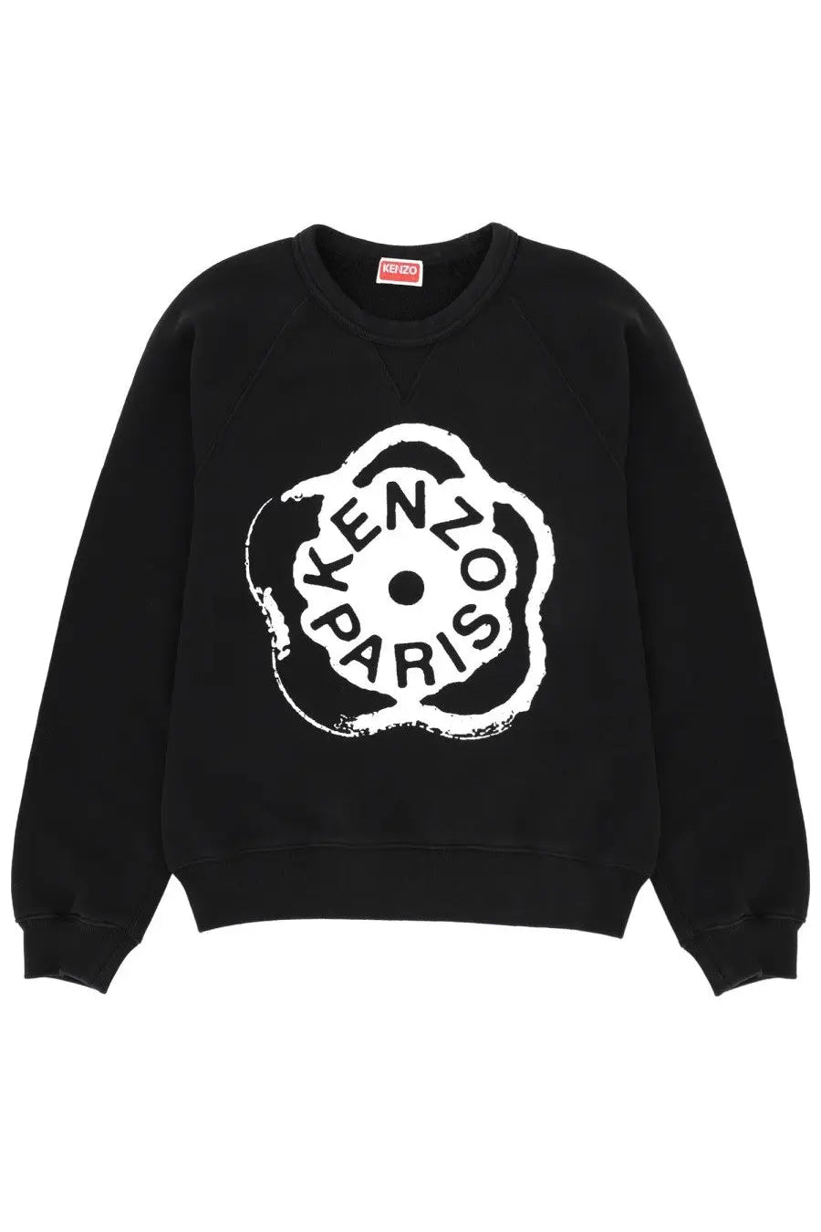 Kenzo women’s black sweatshirt featuring a bold white floral logo with stylized brand lettering on front