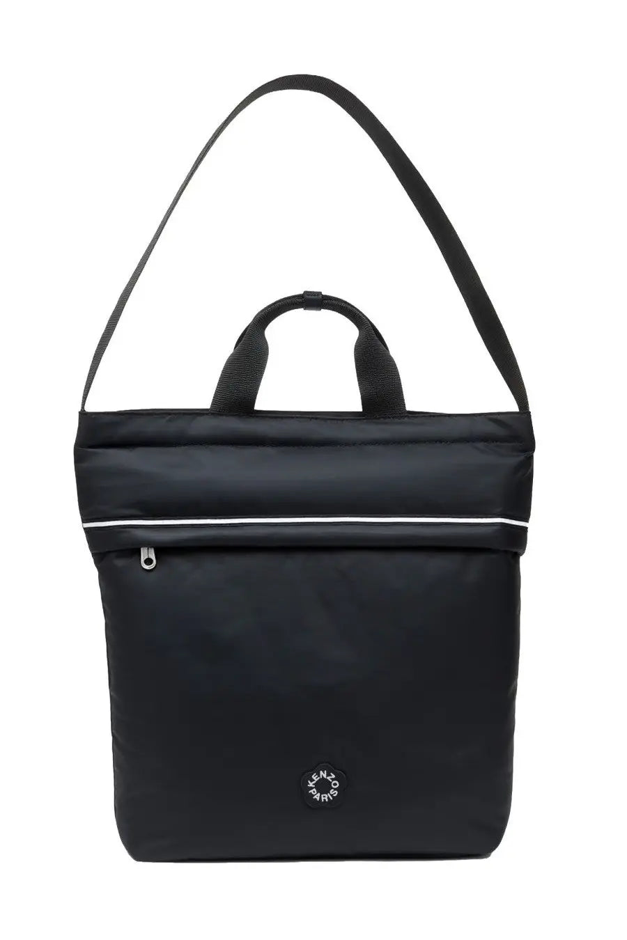 Kenzo women’s boke flower tote bag black made of black nylon with white zipper trim and circular logo patch at the bottom