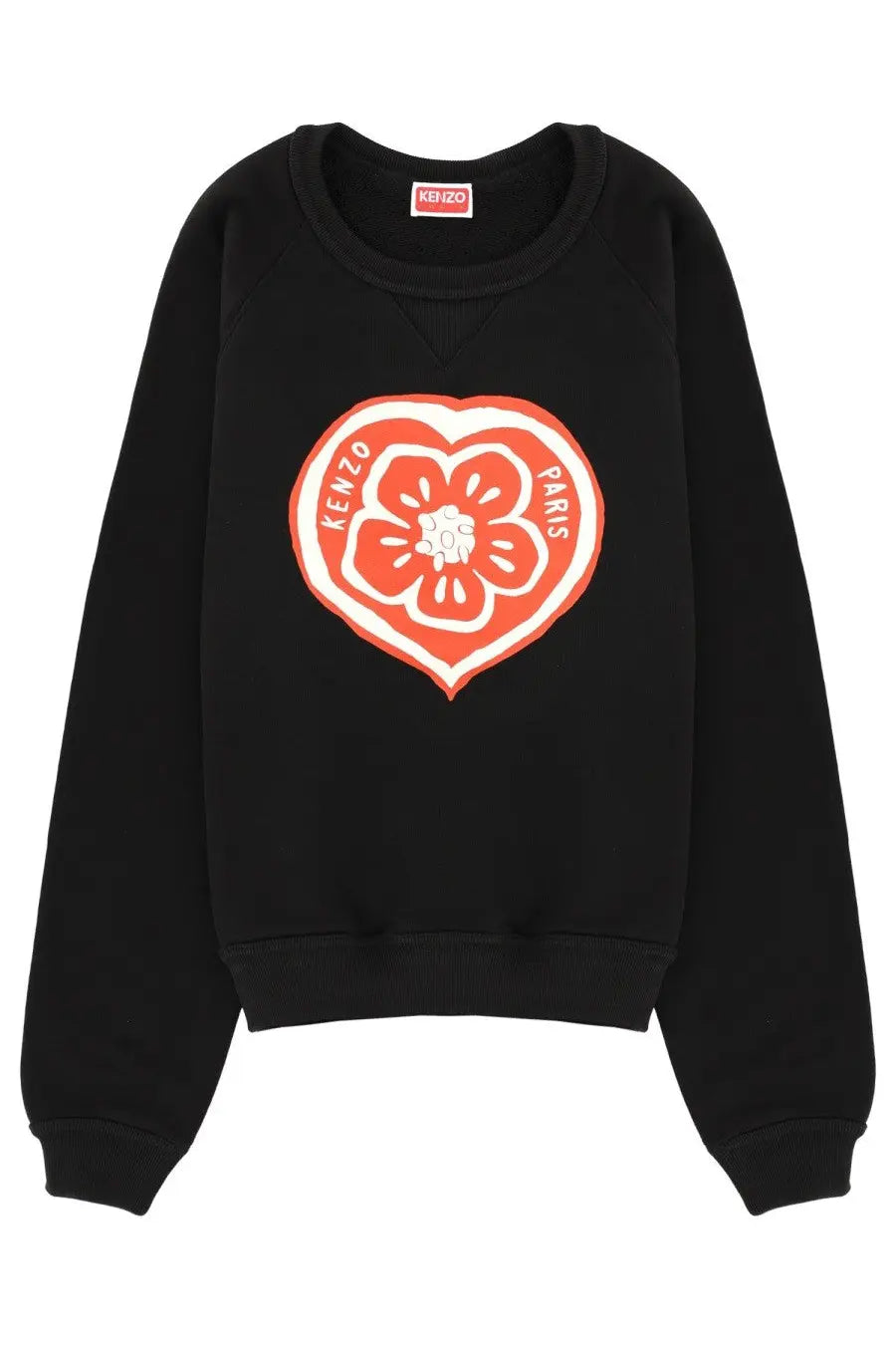 Black kenzo paris sweatshirt for women featuring a bold red and white heart-shaped floral graphic on the front