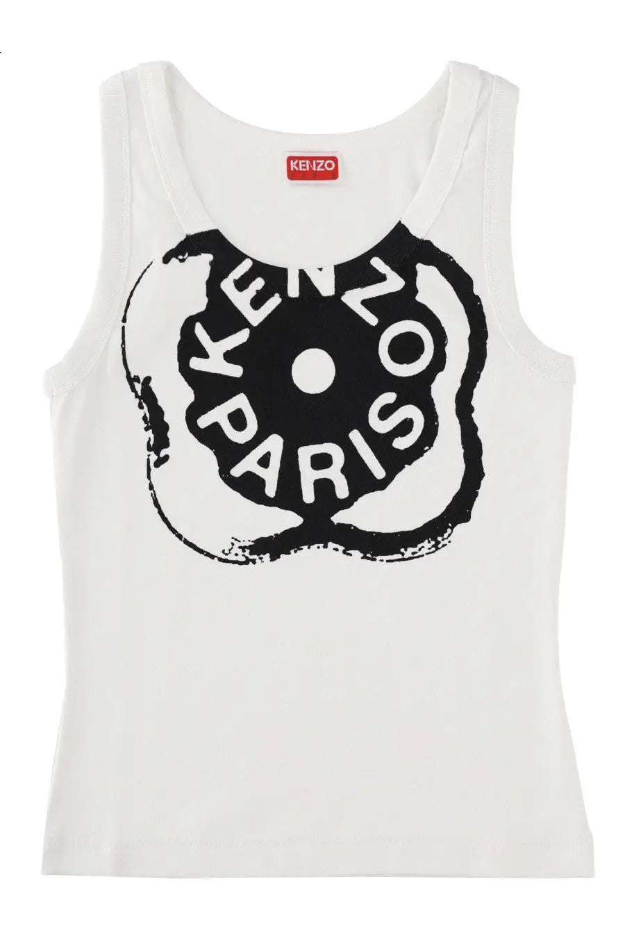 Kenzo women’s canotta boke flower white tank top with bold black distressed graphic and white brand lettering
