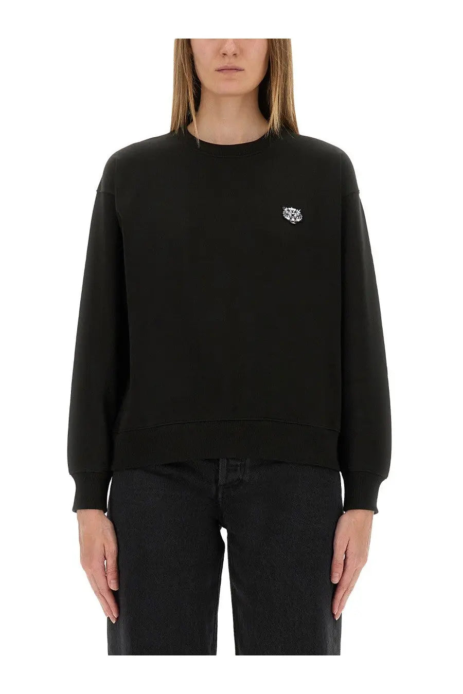 Kenzo women’s black cotton crewneck sweatshirt with a small sparkling tiger emblem on the left chest