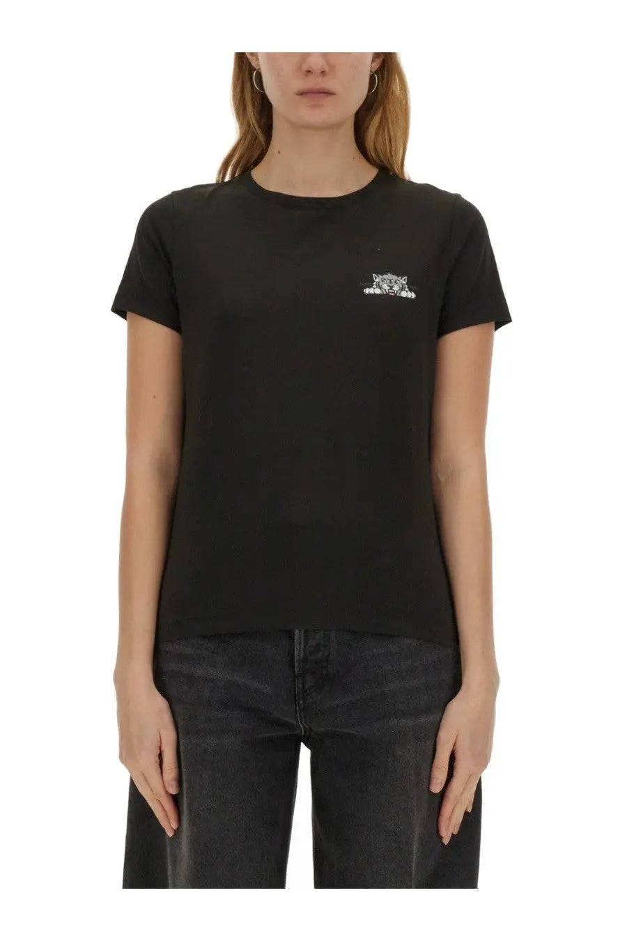 Kenzo women’s black short-sleeved cotton t-shirt with small white embroidered tiger logo on the left chest