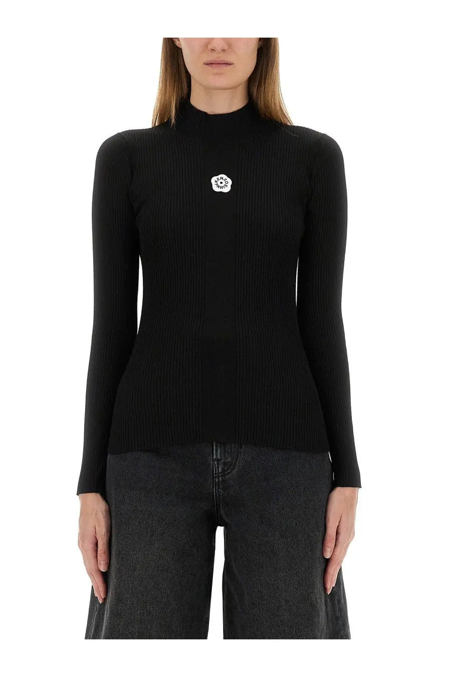 Kenzo women’s black ribbed knit turtleneck sweater with white floral emblem on the chest in jersey fabric
