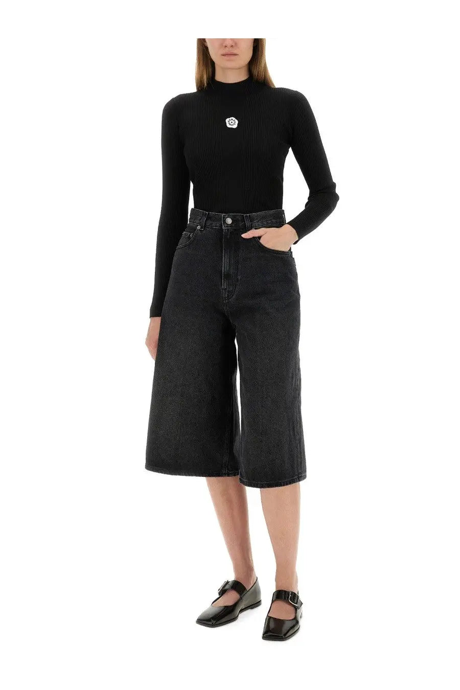 Kenzo women’s black ribbed jersey turtleneck top with a small white embroidered logo on the chest