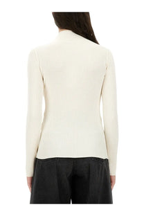 Kenzo women’s white cream-colored ribbed knit long-sleeve top with high collar jersey material