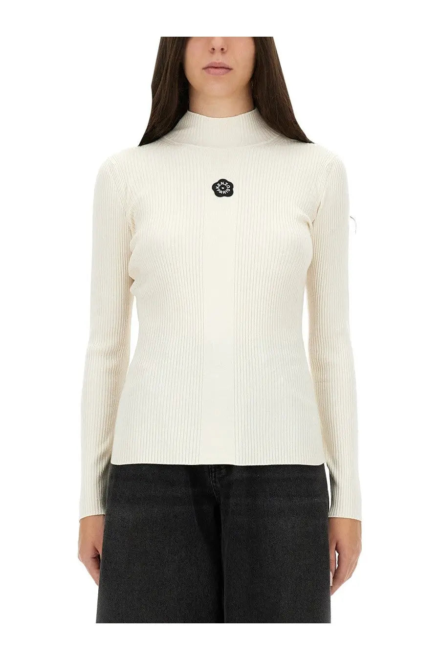 Kenzo women’s cream ribbed knit turtleneck sweater with black embroidered floral patch on chest in jersey fabric