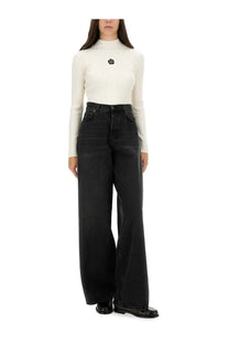 Kenzo women’s white ribbed jersey turtleneck top with black embroidered logo on the chest