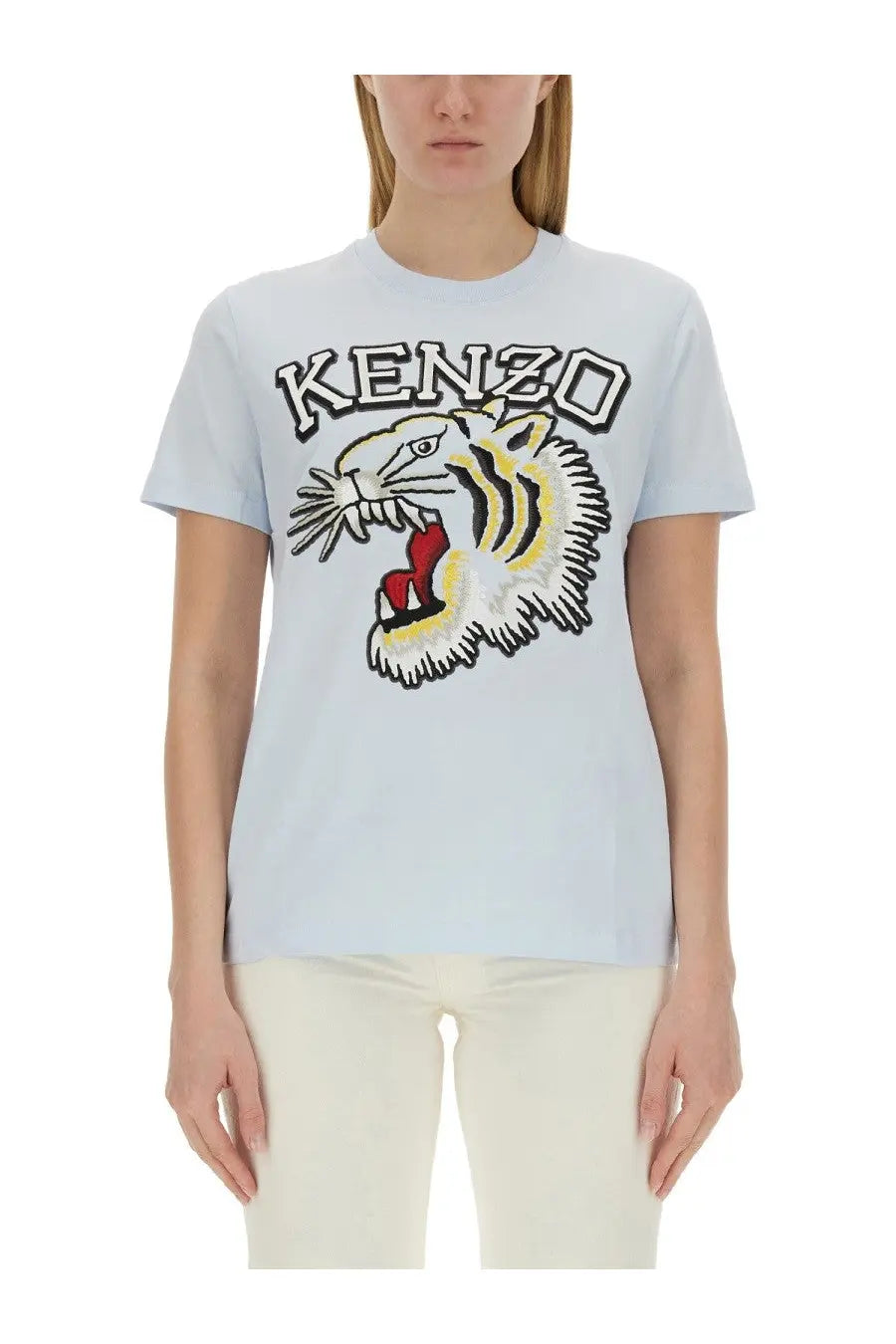 Kenzo women’s light blue t-shirt with bold embroidered tiger graphic in black yellow and red accents