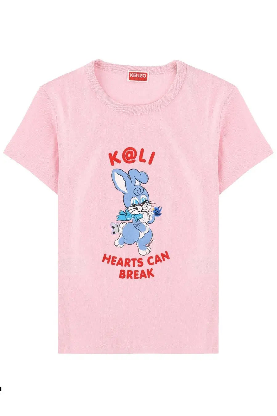 Pink short-sleeved Kenzo women’s t-shirt with blue cartoon rabbit and red k@li hearts can break text by keiko