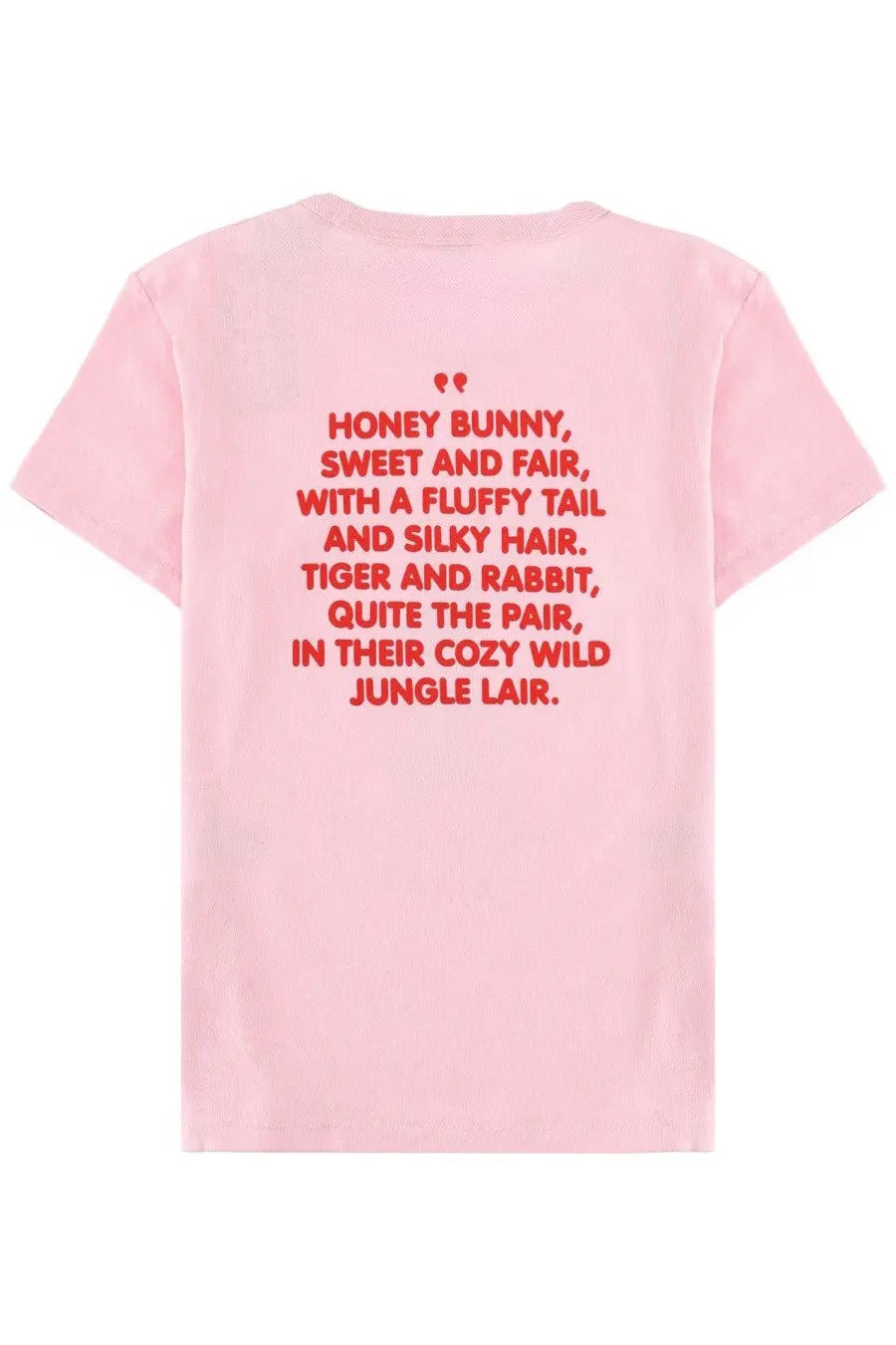 Back view of kenzo women’s pink short-sleeved t-shirt with red text printed on the back and kenzo cartoon blue design