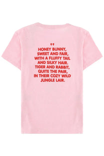 Back view of kenzo women’s pink short-sleeved t-shirt with red text printed on the back and kenzo cartoon blue design