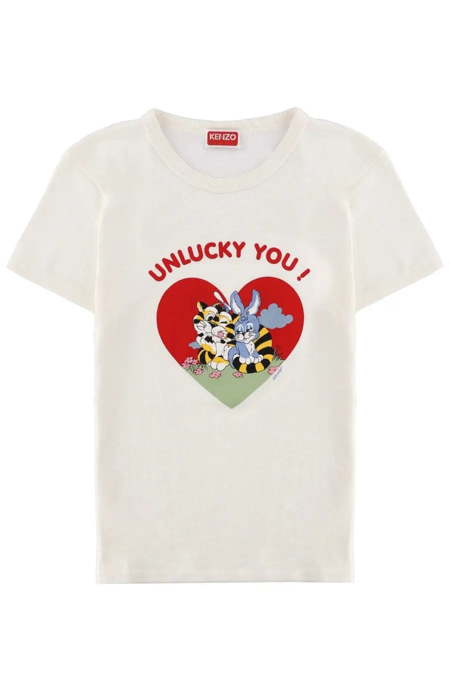 Kenzo women’s off-white cotton t-shirt with red heart graphic, cartoon characters, and bold unlucky you text