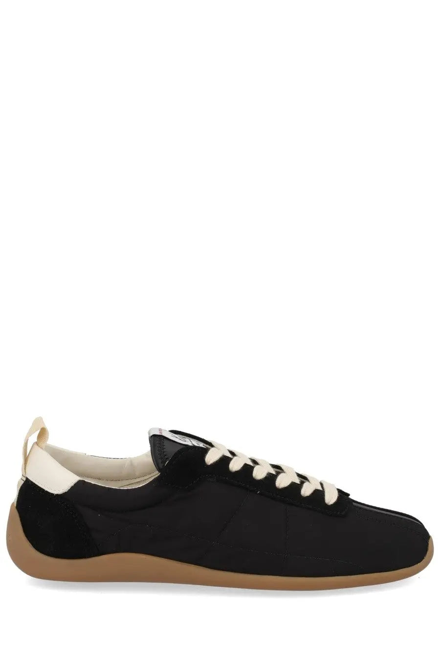 Kenzo women’s Kenzo Striker sneaker black low-top black suede with cream laces and tan rubber sole front view