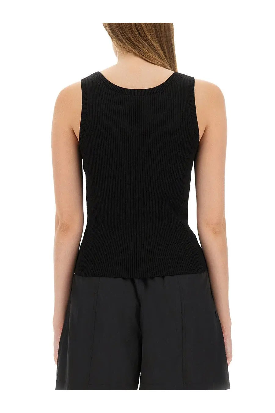 Kenzo women’s black ribbed knit sleeveless tank top with rounded neckline and peplum hem