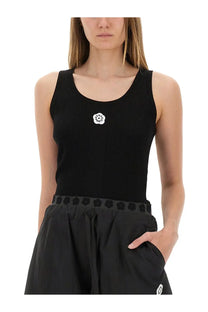 Kenzo women’s black ribbed knit tank top featuring a white floral emblem on the chest