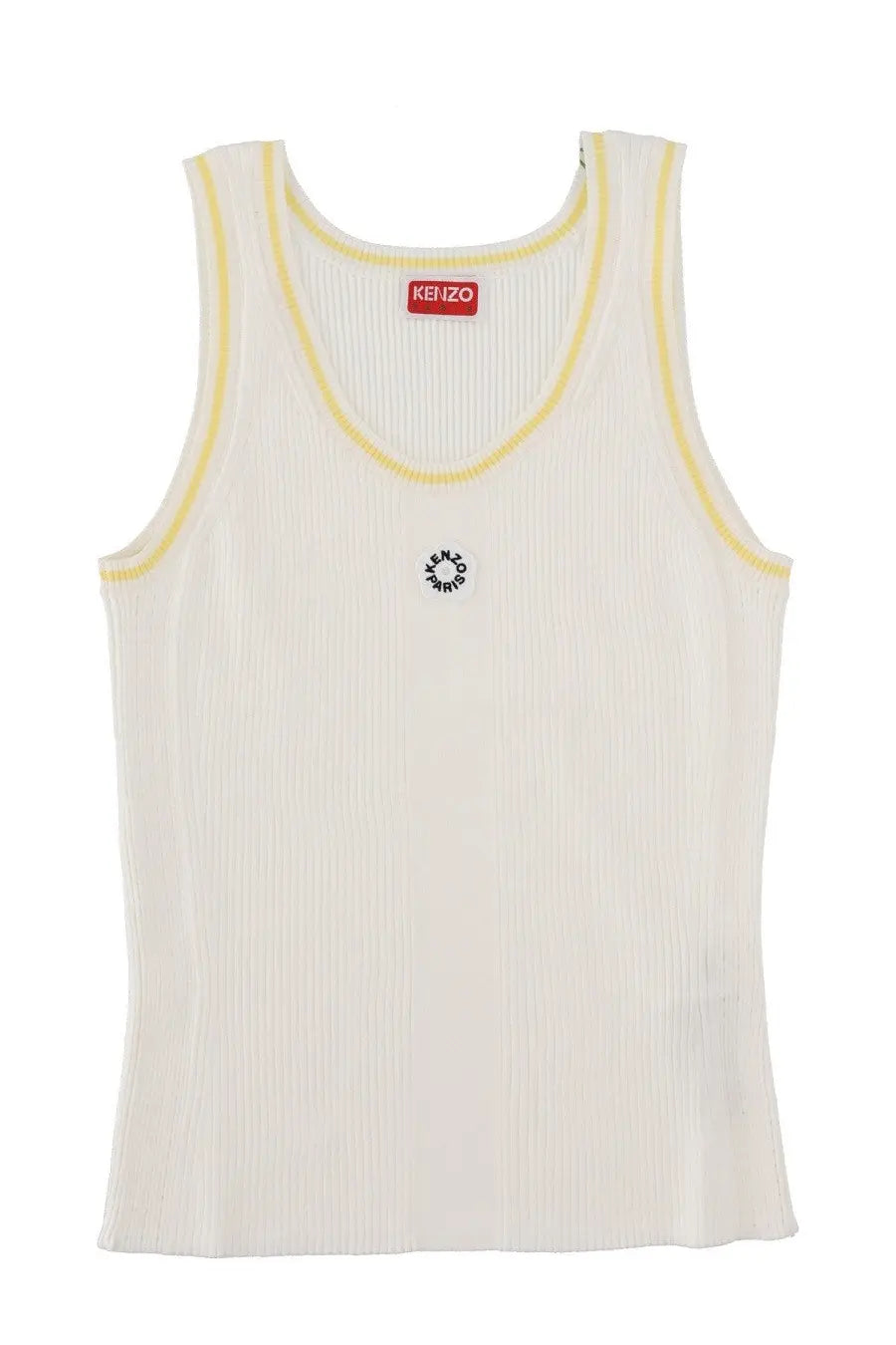 Kenzo women’s cream ribbed knit tank top with yellow trim and circular embroidered logo boke flower white