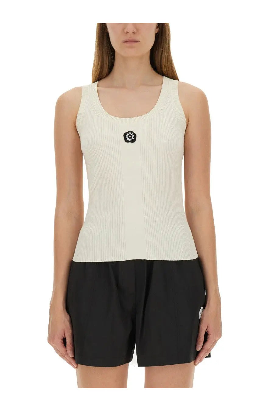 Kenzo women’s cream-colored ribbed knit tank top with black circular logo patch at center chest