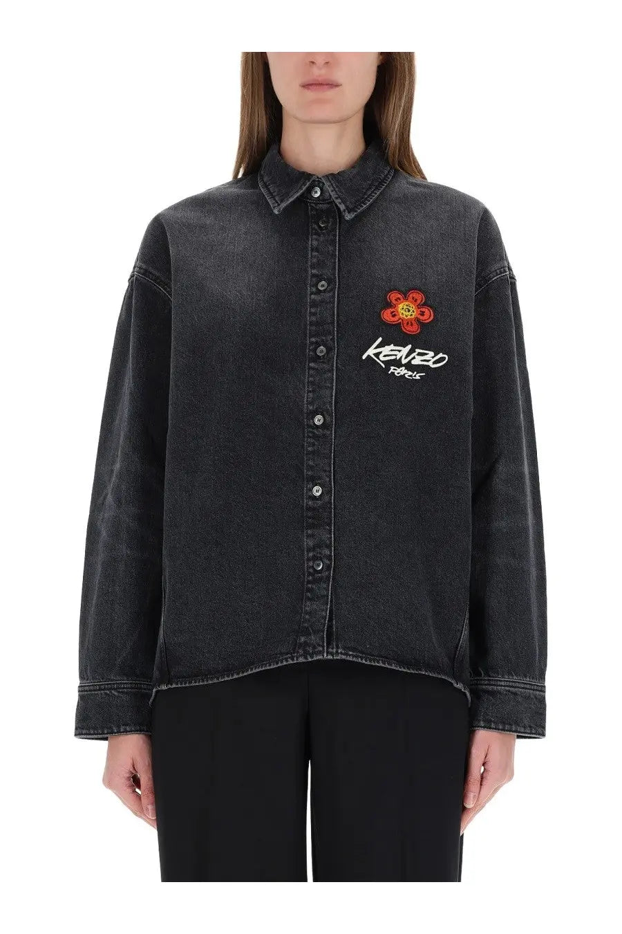 Kenzo women’s black denim button-up workwear shirt with red embroidered flower and kenzo paris logo on chest