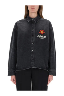 Kenzo women’s black denim button-up workwear shirt with red embroidered flower and kenzo paris logo on chest