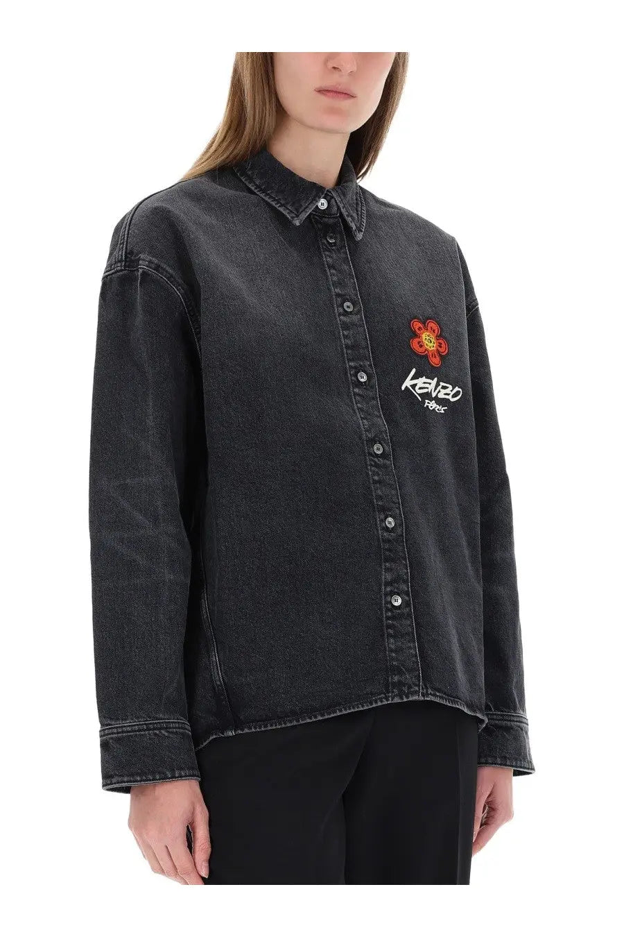 Kenzo women’s black denim button-up workwear shirt with red embroidered flower and Kenzo Paris logo on left chest