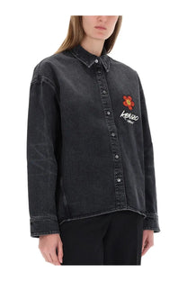 Kenzo women’s black denim button-up workwear shirt with red embroidered flower and Kenzo Paris logo on left chest