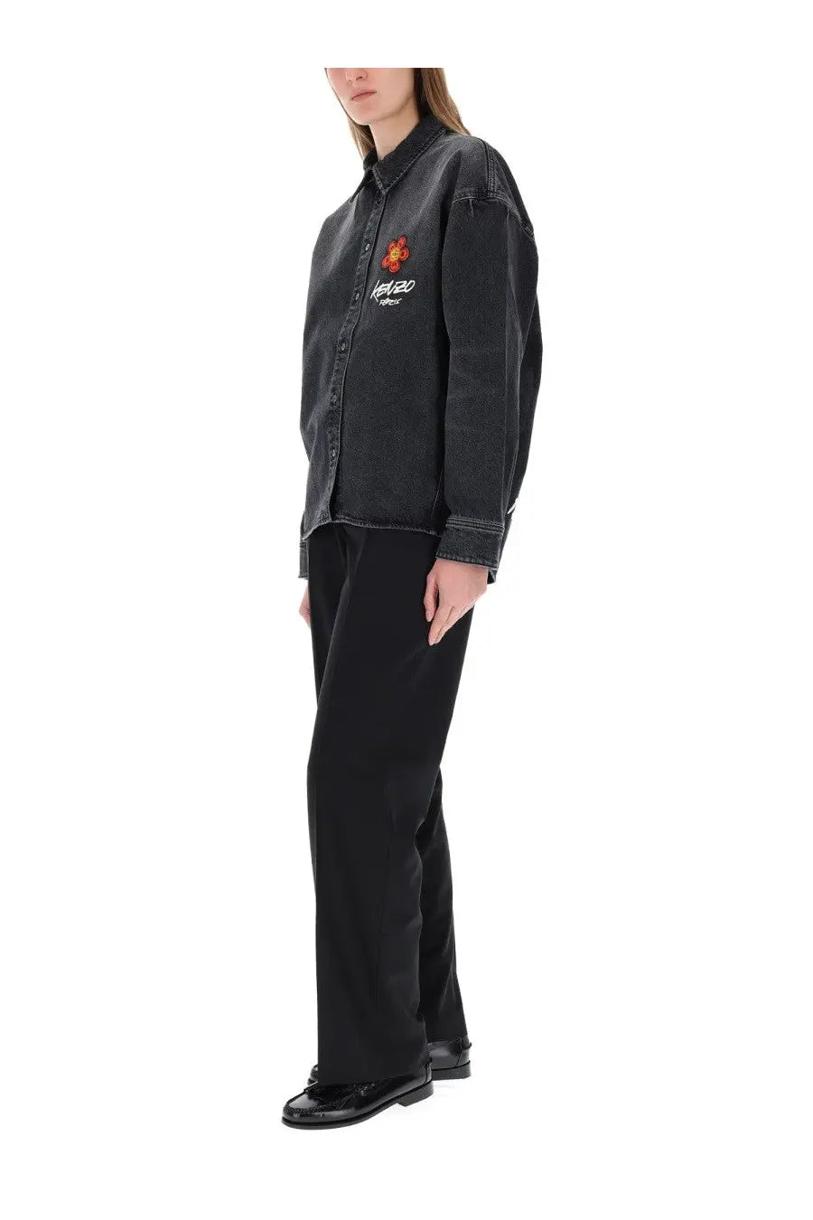 Kenzo women’s black denim workwear shirt with embroidered orange flower and logo on the chest