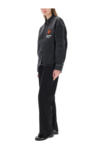 Kenzo women’s black denim workwear shirt with embroidered orange flower and logo on the chest