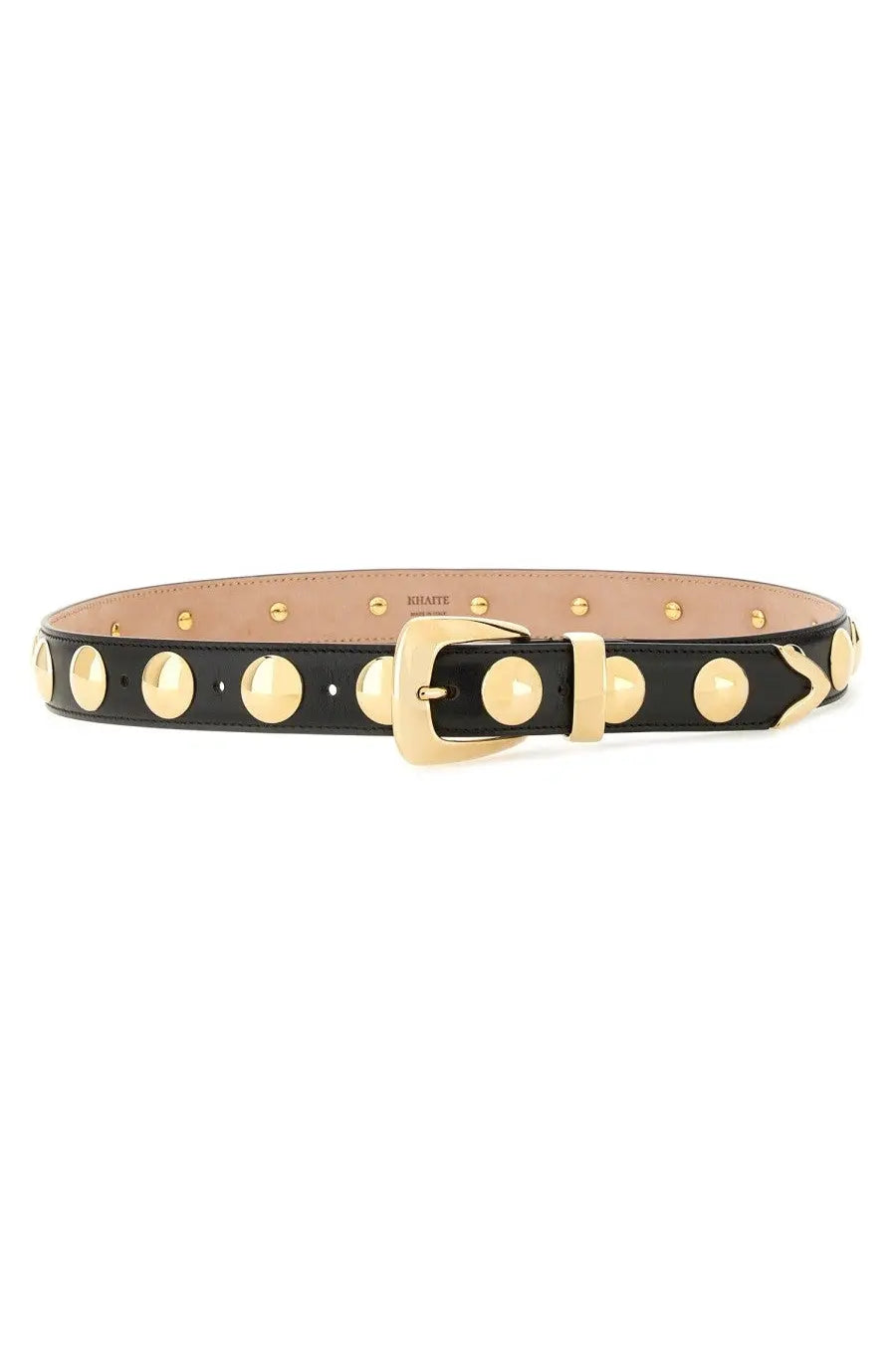 Khaite women’s black leather belt with gold-tone circular studs and matching buckle for stylish wear