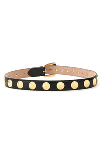 Khaite women’s black leather belt benny with gold-tone circular studs and matching buckle
