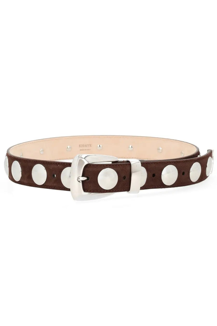 Khaite women’s brown leather belt Benny with silver-toned circular studs and matching buckle