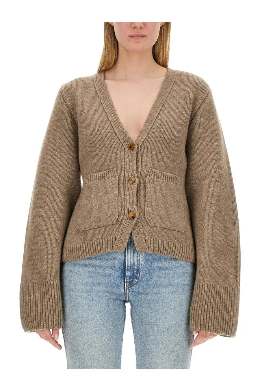 Khaite women’s camel-colored ribbed-knit cardigan with v-neckline and three wooden buttons in scarlet beige