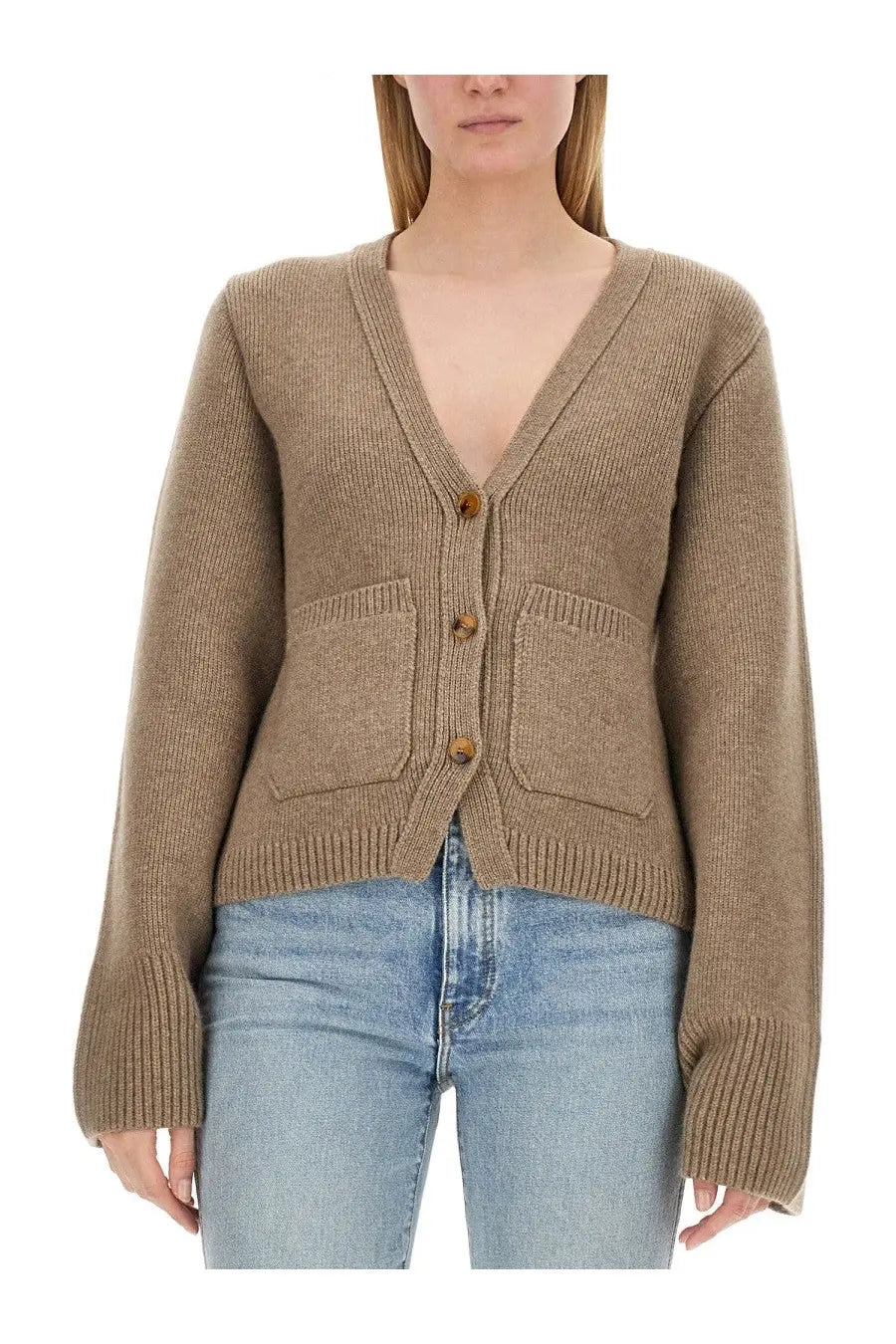 Khaite women’s cozy camel-colored knitted cardigan with v-neck wooden buttons and front pockets in scarlet beige