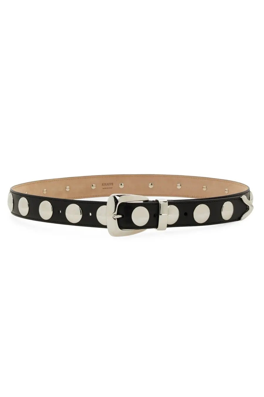 Khaite women’s cintura benny black leather belt with silver-toned circular studs and matching buckle