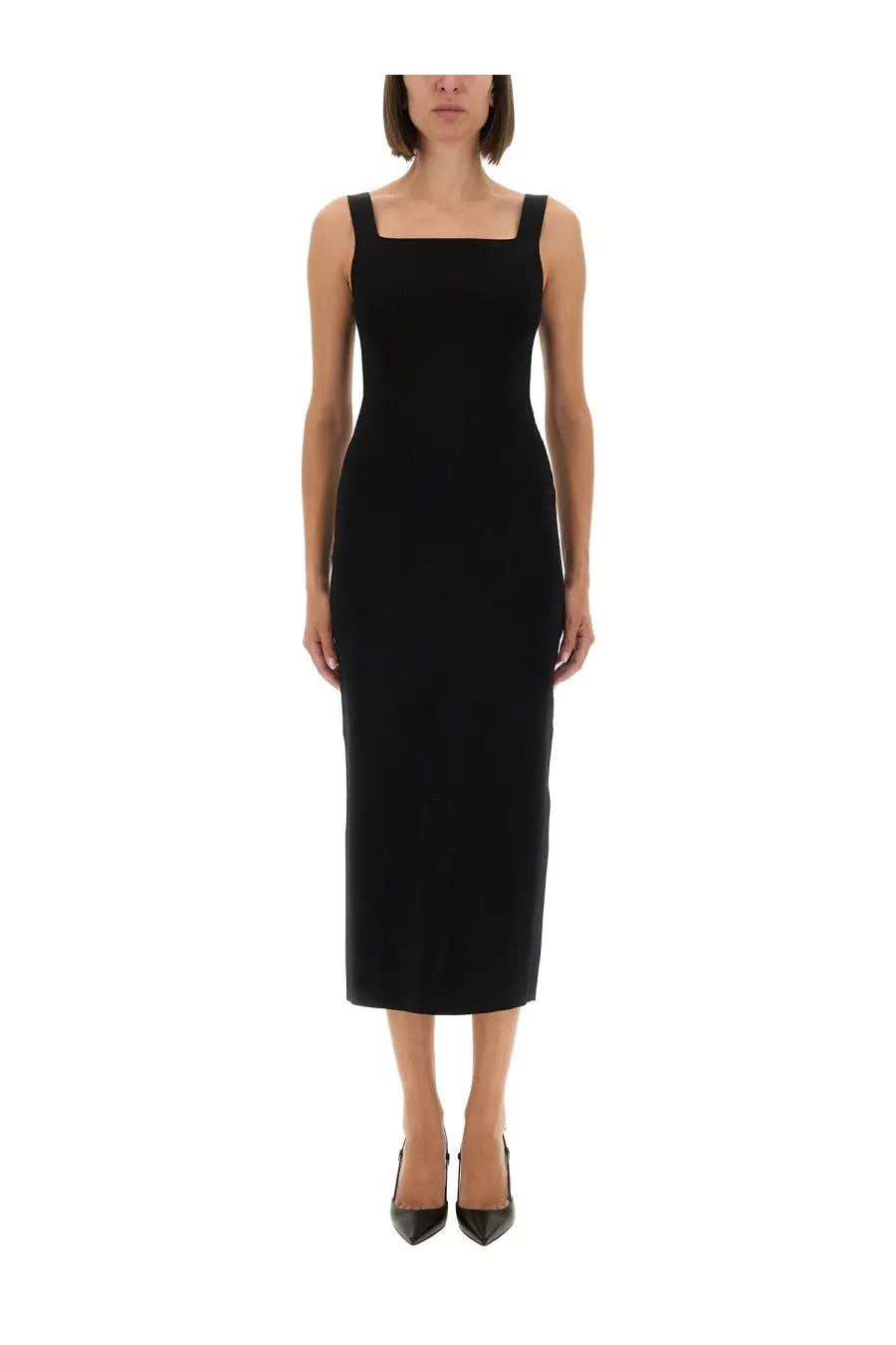 Khaite women’s dixi black sleeveless midi dress with square neckline and fitted silhouette in smooth fabric