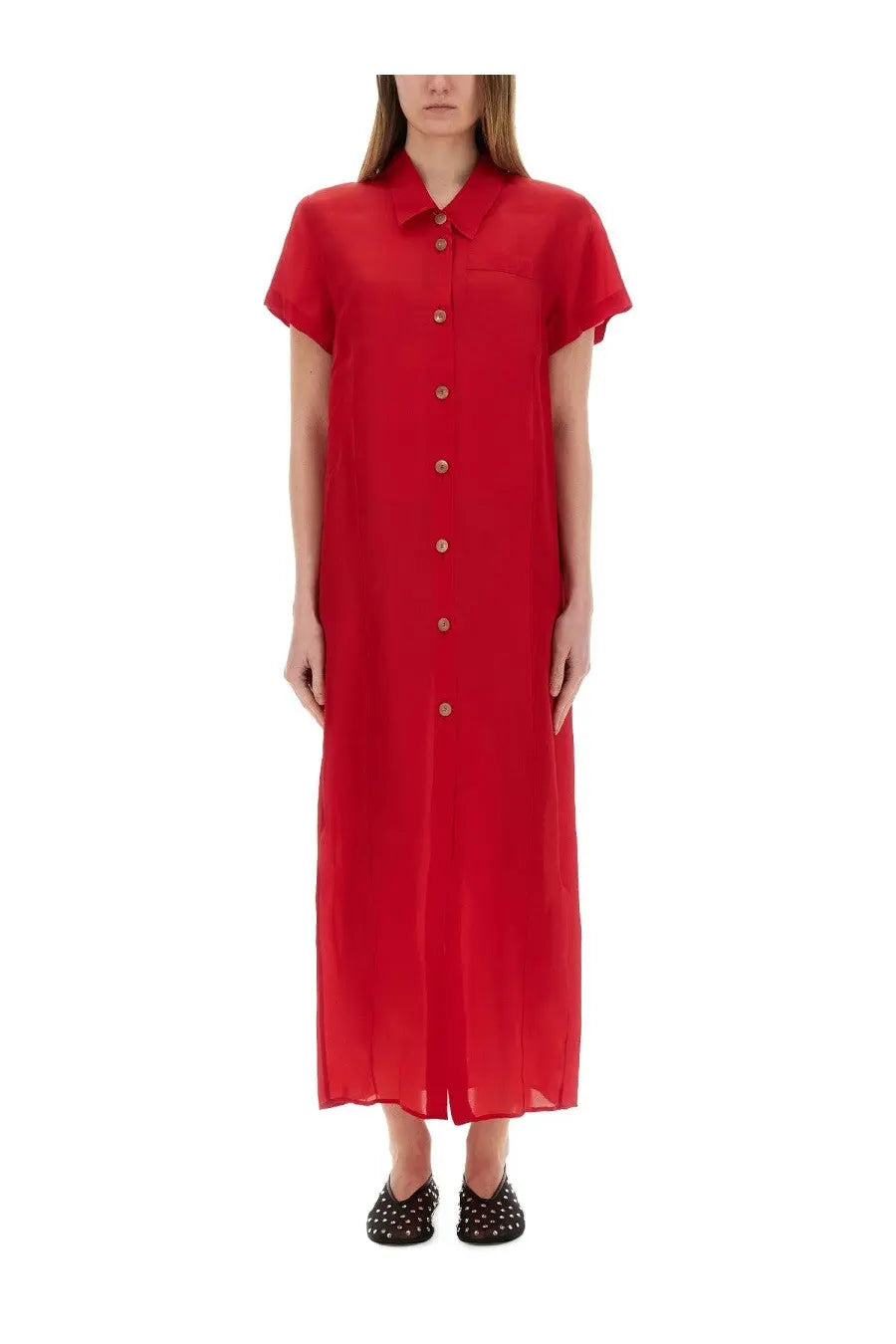 A vibrant red khaite women’s effy button-down dress with collar long sleeves and a tailored fit