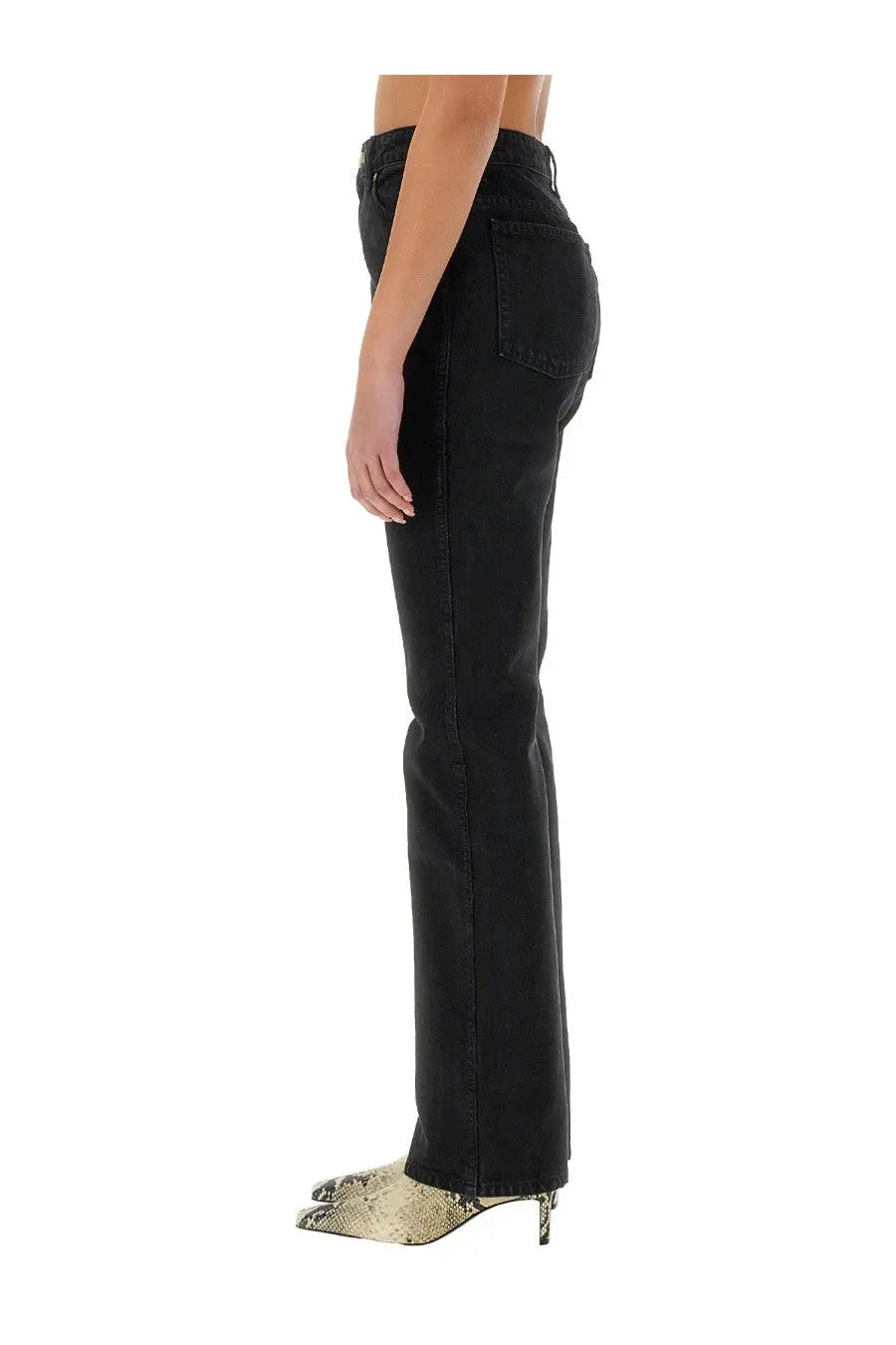 Khaite women’s black high-rise flared denim jeans with straight-leg cut and classic five-pocket design