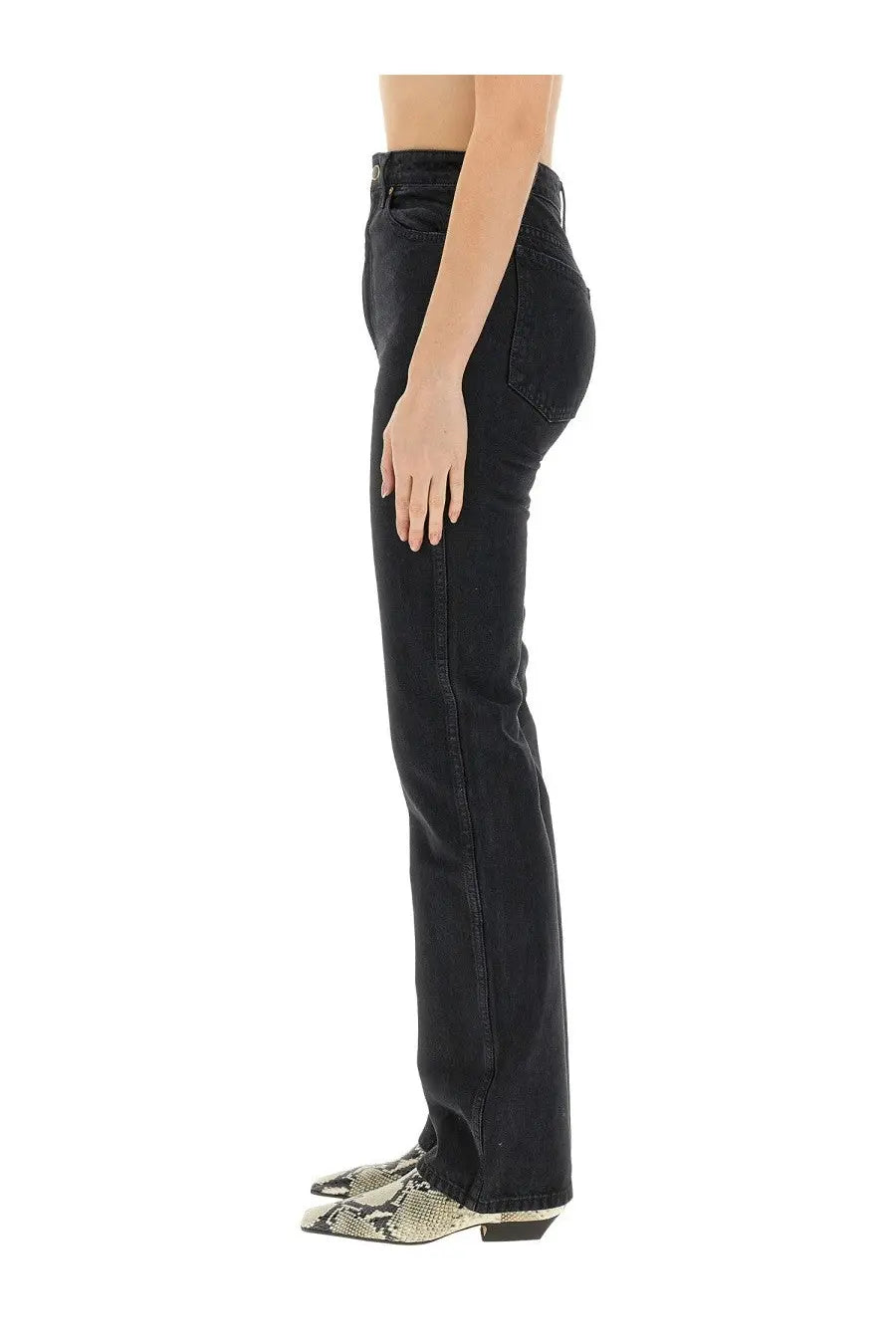 Khaite women’s high-waisted black denim flare jeans with straight-leg cut and subtle fading along the thighs