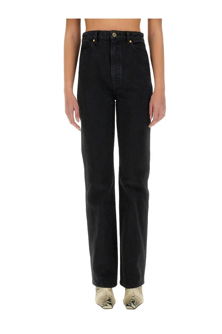 Khaite women’s high-waisted black denim jeans danielle with straight-leg cut and gold-tone hardware
