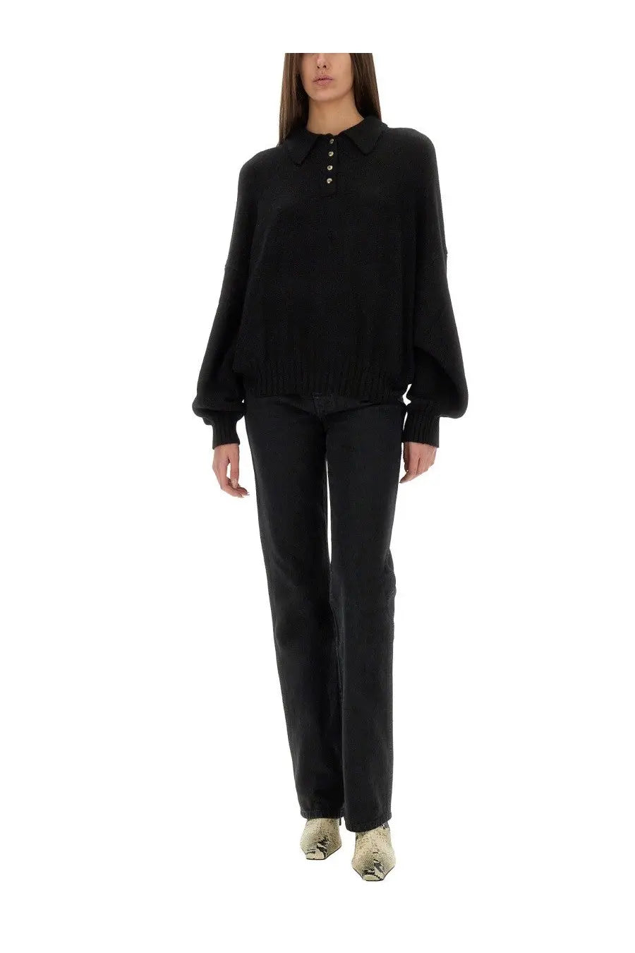 Khaite women’s jeans danielle black featuring a black oversized knit sweater with collar and button front