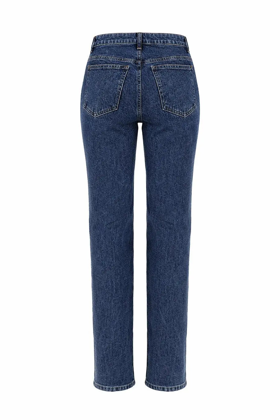 Back view of khaite women’s jeans danielle blue dark blue denim straight-leg jeans with classic back pockets